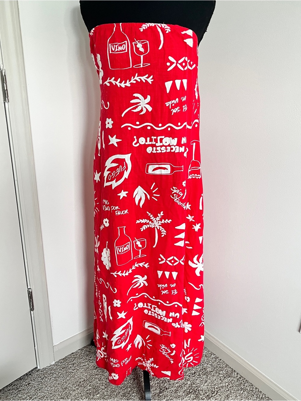 Paper Heart Strapless Red Tropical Wine Print Maxi Dress Sz L Resortwear Linen - Picture 2 of 8